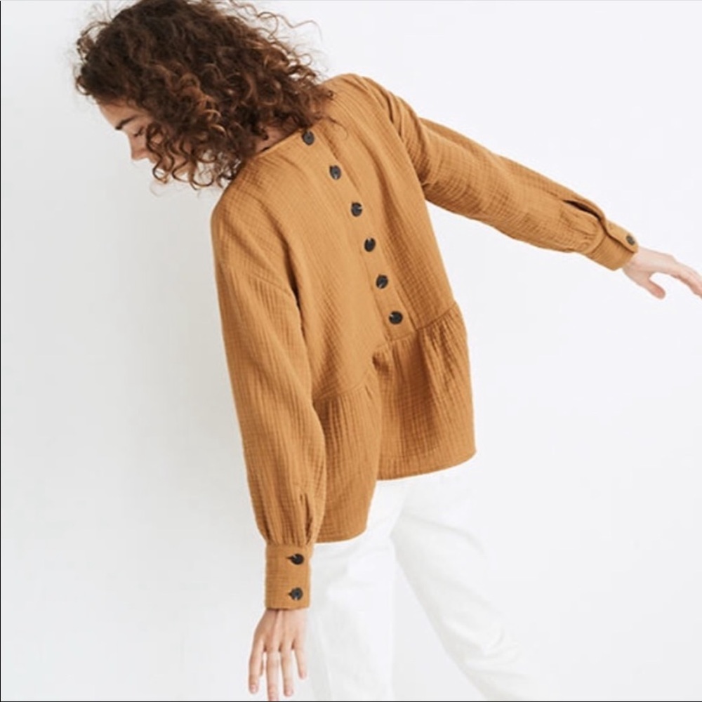 Madewell Gauze Button-Back Peplum Top Compass Gold